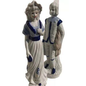 VTG Porcelain Delft Blue Figurine Set Marked Victorian Country 12” Couple